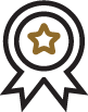 Award Icon with a black outline of a ribbon with a gold star in the middle.